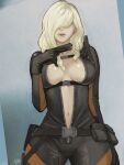  1girl 5tatsu blonde_hair bodysuit breasts gloves gun hair_over_eyes highres large_breasts long_hair navel open_mouth rachael_foley resident_evil resident_evil_revelations solo weapon wetsuit 