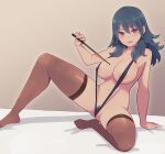  :d areola_slip arm_support bare_arms bare_shoulders bed_sheet black_eyes black_hair black_one-piece_swimsuit blush breasts brown_background brown_thighhighs byleth_(fire_emblem) byleth_(fire_emblem)_(female) cleavage collarbone covered_nipples female_pubic_hair fire_emblem fire_emblem:_three_houses highres holding knee_up lamb-oic029 large_breasts looking_at_viewer navel open_mouth pointer pubic_hair simple_background sitting slingshot_swimsuit smile stomach swimsuit thighhighs 