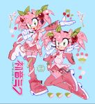  1girl 3mia_hadi3 :d amy_rose animal_nose boots breasts cosplay detached_sleeves furry furry_female gloves green_eyes hair_ornament hatsune_miku highres multiple_views necktie open_mouth sakura_miku sakura_miku_(cosplay) smile sonic_(series) thigh_boots thighhighs twintails vocaloid white_gloves 