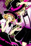  1boy 1girl arm_up bangs black_bow black_bowtie black_headwear black_shorts black_skirt blonde_hair blue_eyes bonus_stage_(vocaloid) bow bowtie checkered_background chromatic_aberration closed_eyes commentary covering_mouth dress_shirt frilled_skirt frills grin hair_between_eyes hat hat_bow hat_ribbon highres kagamine_len kagamine_rin long_sleeves one_eye_closed open_mouth parted_bangs pink_bow pink_nails pink_ribbon pink_theme polka_dot polka_dot_background puffy_short_sleeves puffy_sleeves ribbon shirt short_hair short_sleeves shorts skirt smile suspender_shorts suspender_skirt suspenders taisa_piyo top_hat vocaloid white_shirt 
