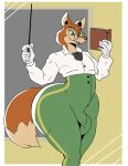  &quot;honest&quot;_john_foulfellow 2022 a-side anthro ascot book bottomwear bulge canid canine clothed clothing disney eyewear fangs fox fur glasses gloves green_eyes handwear hi_res holding_book holding_object holding_stick looking_at_book looking_at_object male mammal open_mouth pants pinocchio shirt solo standing stick tongue topwear whiskers 