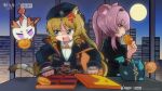  2girls :t anger_vein animal_ear_fluff animal_ears animalization arknights beret black_headwear black_jacket blonde_hair bow bowtie building chain collared_shirt company_name copyright_name drill_hair dusk_(arknights) earpiece eating faceplant fang full_moon green_eyes hair_intakes hat highres indoors jacket lin_yuhsia_(arknights) looking_at_viewer mid-autumn_festival moon mooncake mouse_ears mouse_girl mouth_hold multiple_girls nian_(arknights) night night_sky official_art open_clothes open_jacket open_mouth orange_bow orange_bowtie pink_eyes pink_hair ponytail purple_eyes shaded_face shirt sidelocks sideways_glance sky skyscraper swire_(arknights) tail tiger_ears tiger_girl tiger_tail white_shirt 