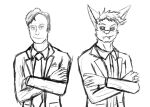  anthro better_call_saul black_sclera botter botter_dork breaking_bad chiropteran clothed clothing digital_media_(artwork) duo fangs hi_res human hybrid looking_at_viewer male male/male mammal mustelid necktie rio_(botter_dork) saul_goodman simple_background sketch_page smile smirk suit topwear 
