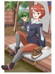  1girl :d absurdres arezu_(pokemon) arm_support bangs boots border bracelet brown_bag collarbone commentary cushion day eyelashes hand_up heart highres jacket jewelry long_sleeves open_mouth outdoors outline pantyhose pokemon pokemon_(game) pokemon_legends:_arceus red_eyes red_hair sembem short_hair short_shorts shorts sitting smile solo swept_bangs tongue tree white_border 