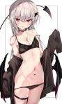  1girl :p absurdres bare_shoulders black_bra black_choker black_panties blush bra choker closed_mouth collarbone cowboy_shot cross cross_earrings cross_necklace demon_girl demon_tail demon_wings earrings flat_chest grey_hair highres jewelry long_hair long_sleeves looking_at_viewer navel necklace original panties panty_pull pointy_ears pubic_tattoo red_eyes simple_background sleeves_past_fingers sleeves_past_wrists smile solo stomach strap_slip tail tattoo thigh_strap tongue tongue_out toshizou_(0714) underwear very_long_hair white_background wings 