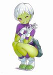  1girl absurdres bag boots breasts cheelai colored_skin dragon_ball dragon_ball_super full_body gloves green_skin grin highres itou_kazuki ok_sign one_eye_closed purple_eyes short_hair short_sleeves skin_tight smile solo squatting white_gloves white_hair 