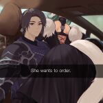  2girls androgynous armor ass back bent_over black_dress black_eyes black_hair blurry blurry_background car car_interior car_seat cat_tail closed_mouth contemporary dress earrings empty_eyes english_text expressionless feathers final_fantasy final_fantasy_xiv grey_hair ground_vehicle he_wants_to_order_(meme) highres interior jewelry leaning_over looking_at_viewer meme miqo&#039;te motor_vehicle multiple_girls pale_skin pannakotta selfie short_hair shoulder_armor tail y&#039;shtola_rhul zero_(ff14) 