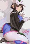  1girl alternate_costume artist_name ass baseball_cap black_jacket bodysuit breasts brown_eyes brown_hair d.va_(overwatch) facial_mark grey_background hair_bun hat highres huge_ass jacket looking_at_viewer overwatch overwatch_1 pants popped_collar probably_noon seiza shooting_star_d.va sidelocks signature single_hair_bun sitting solo tattoo v zoom_layer 