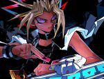  1boy bracelet card chain collar colored_tips duel_disk holding holding_card jacket jacket_on_shoulders jewelry kokusoji millennium_puzzle multicolored_hair pointy_hair serious solo yami_yuugi yu-gi-oh! yu-gi-oh!_duel_monsters 