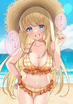  1girl bangs beach bikini blonde_hair blue_eyes breasts cleavage cowboy_shot frilled_bikini frills fujishiro_kokoa grin hand_on_hip hat highres leaning_forward long_hair looking_at_viewer medium_breasts navel ocean original plaid plaid_bikini sky smile speech_bubble straw_hat sun_hat swept_bangs swimsuit tareme thigh_gap translation_request very_long_hair wet 