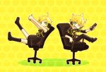  1boy 1girl ahoge aqua_eyes black_footwear black_pants black_shorts blonde_hair chair chibi closed_mouth controller fur_collar holding holding_remote_control honeycomb_(pattern) honeycomb_background kagamine_len kagamine_rin leg_up legs_up looking_at_viewer office_chair on_chair open_mouth pants remote_control rimocon_(vocaloid) shirt shoes shorts simple_background sitting sleeveless sleeveless_shirt smile tomiro v-shaped_eyebrows vocaloid yellow_background 
