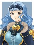  1girl alternate_costume alternate_hairstyle bangs black_hairband blue_background blue_cape blue_dress blue_hair blunt_bangs border breasts brown_eyes cape center_frills dress fire_emblem fire_emblem:_three_houses fire_emblem_warriors:_three_hopes frills gau_fe hairband highres lace-trimmed_hairband lace_trim large_breasts long_hair looking_at_viewer marianne_von_edmund official_alternate_costume official_alternate_hairstyle outside_border parted_lips simple_background solo upper_body wavy_hair white_border 