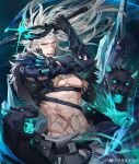  1boy abs absurdres alchemy_stars animal anjingkuxiao arm_up barton_(alchemy_stars) barton_(deft_blades)_(alchemy_stars) black_panther chest_harness chinese_commentary commentary_request cross_scar fangs floating_hair harness highres holding holding_weapon long_hair looking_at_viewer male_focus navel_hair open_mouth pectorals scar scar_on_chest scar_on_stomach sharp_teeth solo teeth underbust weapon white_hair 