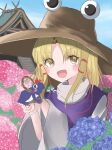  :d absurdres animal_on_hand architecture blonde_hair blue_flower blue_sky blush blush_stickers brown_headwear day east_asian_architecture flower hair_ribbon heart heart-shaped_pupils highres hydrangea large_hat long_hair long_sleeves looking_at_viewer moriya_suwako open_mouth outdoors pink_flower purple_vest red_ribbon ribbon shirt sky smile symbol-shaped_pupils touhou upper_body vest white_shirt wide_sleeves yellow_eyes yuzuki_no_kimi 
