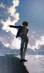  1boy absurdres bird black_footwear blue_sky cable cable_tie cliff closed_eyes cloud cloudy_sky day dino_(dinoartforame) formal full_body head_down highres jacket levi_(shingeki_no_kyojin) long_sleeves outstretched_arm pants pose purple_jacket shingeki_no_kyojin shirt shoes sky solo standing suit yellow_pants yellow_shirt 