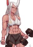  1girl abs absurdres alternate_costume animal_ear_fluff animal_ears bangs bike_shorts blush boku_no_hero_academia breasts cleavage collarbone cowboy_shot crescent_print dark-skinned_female dark_skin dumbbell exercise grin highres long_eyelashes long_hair looking_at_viewer medium_breasts midriff mirko muscular muscular_female navel obliques parted_bangs rabbit_ears rabbit_girl sidelocks signature simple_background smile solo speedl00ver sports_bra sweat sweatdrop thick_thighs thighs toned tsurime very_long_hair weightlifting white_background wristband 