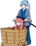  :&lt; aged_down ahoge blue_eyes blue_hair blue_hakama braid female_child green_eyes hakama hololive hoshimachi_suisei inunishimashita japanese_clothes katana kozure_ookami low_twin_braids low_twintails parody pink_hair ponytail pushcart sakura_miko sheath sheathed sword twin_braids twintails virtual_youtuber weapon 