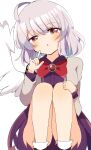 1girl banned_artist blush bow bowtie dress feathered_wings feet_out_of_frame highres index_finger_raised jacket kishin_sagume knees_up long_sleeves looking_at_viewer purple_dress red_bow single_wing solo touhou white_wings wings zerokosan 