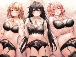  3girls bangs bare_shoulders bed_sheet black_bra black_hair black_panties black_thighhighs blue_eyes blush bra breasts brown_hair cleavage closed_mouth clothes_lift collared_shirt cowboy_shot crossed_arms frown garter_belt hair_bun hands_on_own_chest isshiki_iroha large_breasts lifted_by_self lingerie long_hair long_sleeves looking_at_viewer lying medium_breasts multiple_girls navel on_back on_bed panties parted_lips petals pink_hair pink_shirt red_eyes red_hayao shirt shirt_lift short_hair short_sleeves single_hair_bun single_side_bun smile stomach thigh_strap thighhighs underwear very_long_hair white_shirt yahari_ore_no_seishun_lovecome_wa_machigatteiru. yellow_eyes yellow_shirt yuigahama_yui yukinoshita_yukino 