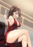  1girl :d absurdres azur_lane bare_legs bare_shoulders breasts brown_eyes brown_hair champagne_flute cleavage couch crossed_legs cup detached_sleeves dress drinking_glass evening_gown feet_out_of_frame highres holding holding_cup indoors large_breasts long_hair long_sleeves looking_at_viewer mippei on_couch open_mouth pelvic_curtain ponytail red_dress sitting smile solo wide_sleeves zuikaku_(azur_lane) 
