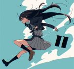  1girl black_hair black_socks blue_background blue_jacket brown_footwear episode_number full_body grey_skirt gun highres holding holding_gun holding_weapon imigimuru inoue_takina jacket loafers long_hair lycoris_recoil official_art pleated_skirt purple_eyes school_uniform shoes skirt socks solo very_long_hair weapon 