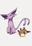  bright_pupils closed_mouth commentary_request eevee espeon forked_tail highres looking_down lying nako_(nekono_shippo75) no_humans on_back pokemon pokemon_(creature) purple_eyes sitting smile tail white_background white_pupils 