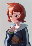 1girl arezu_(pokemon) bangs blush bracelet brown_bag closed_mouth commentary_request cowlick grey_background highres jacket jewelry long_sleeves notdes1re_(tbot7) pokemon pokemon_(game) pokemon_legends:_arceus red_eyes red_hair short_hair smile solo split_mouth upper_body 