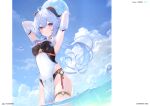  1girl 6u_(eternal_land) absurdres armpits arms_up ball bangs beachball bikini bikini_bottom_only blue_hair blue_sky blush breasts character_name cloud cloudy_sky copyright_name day elbow_gloves ganyu_(genshin_impact) genshin_impact gloves highres horns long_hair looking_at_viewer low_ponytail medium_breasts ocean outdoors page_number parted_lips partially_submerged pelvic_curtain purple_eyes scan see-through shiny shiny_hair simple_background sky swimsuit thigh_strap thighs underwear water water_drop wet 