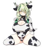  1girl alternate_hairstyle animal_ears animal_print bangs bell blush bow braid breasts ceres_fauna cleavage cleavage_cutout closed_mouth clothing_cutout cow_ears cow_print cowbell elbow_gloves fake_animal_ears fake_tail flower gloves green_hair hair_flower hair_ornament hair_over_one_eye highres hololive hololive_english huge_breasts looking_at_viewer low_twin_braids medium_hair mole mole_under_eye neck_ribbon okunin one-piece_swimsuit plump ribbon simple_background sitting smile solo swept_bangs swimsuit tail tail_bow tail_ornament thighhighs twin_braids virtual_youtuber wariza white_background yellow_eyes 