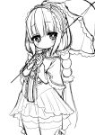 1girl beads blush closed_mouth dot_mouth frilled_hairband frills grey_background greyscale hair_beads hair_ornament hairband hatching_(texture) highres holding holding_umbrella kanna_kamui kobayashi-san_chi_no_maidragon long_hair looking_back lst9k monochrome ribbon simple_background sketch solo thighhighs twintails umbrella very_long_hair 