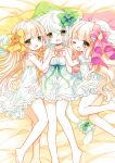 3girls :d ;d avocado_(fruits_fulcute!) bangs bare_arms bare_shoulders barefoot bed_sheet blonde_hair blunt_bangs blush bow breasts cat_tail character_request check_character commentary_request dress fruits_fulcute! girl_sandwich green_bow green_eyes hair_between_eyes hair_bow heart_hands_trio highres lemon_(fruits_fulcute!) long_hair looking_at_viewer lying multiple_girls on_back on_side one_eye_closed papaya_(fruits_fulcute!) pillow pink_bow puffy_short_sleeves puffy_sleeves sakurazawa_izumi sandwiched short_sleeves sleeveless sleeveless_dress small_breasts smile tail very_long_hair white_dress white_hair yellow_bow 