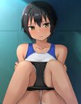  1girl against_locker bare_shoulders black_hair blush brown_eyes closed_mouth commentary_request hashi indoors knees_up looking_at_viewer original out-of-frame_censoring panties panty_pull short_hair sitting solo sports_bra tan tanlines underwear 