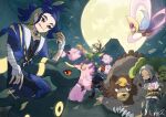  1boy 2girls :q adaman_(pokemon) arezu_(pokemon) arm_up black_footwear blue_coat boots brown_bag calaba_(pokemon) clefable clefairy closed_mouth cloud coat commentary_request cowlick cresselia diamond_clan_outfit falling_leaves hisuian_lilligant holding leaf long_sleeves moon mountain multiple_girls night outdoors pantyhose pearl_clan_outfit pokemon pokemon_(game) pokemon_legends:_arceus ponytail short_hair signature sky tom_(pixiv10026189) tongue tongue_out umbreon ursaluna 