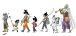  6+boys apple backpack bag bodysuit boots cane cape colored_skin creator_connection dragon_ball dragon_ball_z dragon_quest dragon_quest_xi eating fingernails food frieza fruit gotenks green_skin highres instrument jacket knife male_focus metamoran_vest multiple_boys music official_style parody piccolo playing_instrument pointy_ears polearm scepter sharp_fingernails sheath sheathed shinsokunotaka slime_(dragon_quest) son_gohan son_goku sword toriyama_akira_(style) trunks_(dragon_ball) trunks_(future)_(dragon_ball) turban vegeta weapon 