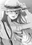  1girl bangs bruise bruise_on_face bruised_eye cloud dress eyebrows_hidden_by_hair flat_chest greyscale hat highres injury inunishimashita long_hair missing_tooth monochrome open_mouth oyasumi_punpun sky smile solo sun_hat tanaka_aiko upper_body 