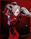  1girl blonde_hair bodysuit cat_mask catsuit cofffee cowboy_shot gloves hair_ornament hairclip mask mask_removed persona persona_5 pink_gloves red_background red_bodysuit smile solo takamaki_anne twintails 