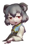  1girl absurdres animal_ear_fluff animal_ears bangs blush commentary_request cookie_(touhou) flat_chest grey_hair grey_vest hakonnbo highres long_sleeves looking_at_viewer mouse_ears mouse_girl nazrin nyon_(cookie) open_mouth red_eyes shirt short_hair simple_background smile solo touhou upper_body vest white_background white_shirt 