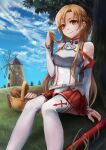  1girl armor asuna_(sao) asymmetrical_bangs bangs bare_shoulders basket blue_sky braid bread breastplate brown_eyes brown_hair closed_mouth cloud cross_print detached_sleeves dress food french_braid grass highres long_hair looking_at_viewer on_ground outdoors pino-ekaki playing_with_own_hair rapier red_skirt sandwich sheath sheathed sitting skirt sky sleeveless sleeveless_dress smile solo sword sword_art_online thighhighs tree weapon white_dress white_sleeves white_thighhighs windmill 