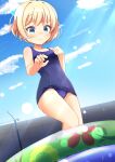  1girl blonde_hair blue_eyes blue_one-piece_swimsuit blue_sky cloud commentary_request day feet_out_of_frame fence flat_chest highres inakami jashin-chan_dropkick lierre old_school_swimsuit outdoors school_swimsuit short_hair sky solo swimsuit wading_pool 