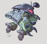  1980s_(style) 2022 alien arm_cannon arv-g_donguru backpack bag claws dated energy_cannon flying ginga_hyouryuu_vifam highres jetpack kujira_gunsou mecha radio_antenna retro_artstyle robot science_fiction signature sketch solo thrusters weapon 