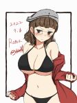  1girl artist_name bangs bikini black_bikini blunt_bangs breasts brown_eyes brown_hair dated eyewear_strap headdress highres hood hooded_jacket hoodie jacket kantai_collection large_breasts one-hour_drawing_challenge otama11 pince-nez red_jacket roma_(kancolle) simple_background solo swimsuit wavy_hair white_background 