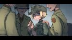  1girl 3boys :d blonde_hair blue_eyes breasts clenched_teeth dirty dirty_face erica_(naze1940) grin hat helmet highres military military_uniform multiple_boys original short_hair smile teeth uniform 