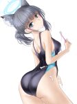  1girl animal_ear_fluff animal_ears ass bangs black_one-piece_swimsuit blue_archive blue_eyes breasts competition_swimsuit covered_navel cowboy_shot cross_hair_ornament extra_ears from_behind grey_hair hair_ornament halo highres looking_back low_ponytail medium_breasts medium_hair mismatched_pupils multicolored_clothes multicolored_swimsuit one-piece_swimsuit shiroko_(blue_archive) shiroko_(swimsuit)_(blue_archive) simple_background solo swimsuit toothbrush toothpaste white_background yokareto_omotte 
