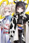  2girls absurdres animal_ears animal_print black_gloves black_hair black_kimono blue_eyes blue_jacket blush brown_eyes cellphone cow_ears cow_girl cow_horns cow_print earbuds earphones fanny_pack gloves highres holding holding_phone horns jacket jacket_on_shoulders japanese_clothes kimono multiple_girls nekometaru obi original parted_lips phone sash transparent white_hair white_kimono 