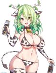  1girl :d animal_ears animal_print antlers bell bikini bottle braid breasts ceres_fauna cleavage cow_ears cow_print cow_tail cowbell french_braid green_hair green_nails highres hololive hololive_english large_breasts leaf long_hair midriff milk milk_bottle nail_polish navel neck_bell ninomae_ina&#039;nis roshi_chen simple_background smile solo swimsuit tail virtual_youtuber white_background yellow_eyes zettai_ryouiki 
