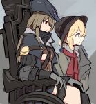  2girls azur_lane bloodborne character_request from_side gehrman_the_first_hunter gloves grey_background hat highres hunter_(meta)_(azur_lane) looking_ahead marshall_k multiple_girls name_conscious plain_doll scarf sitting wheelchair 