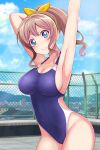  1girl arm_up armpits bang_dream! blue_eyes blue_one-piece_swimsuit blue_sky brown_hair chain-link_fence cloud commentary_request competition_swimsuit cowboy_shot day fence hair_ribbon highres landscape looking_at_viewer one-piece_swimsuit outdoors ponytail poposukii presenting_armpit ribbon sky smile solo standing swimsuit yamabuki_saaya 