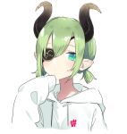  1girl bangs demon_horns green_eyes green_hair hand_up honey_strap hood hood_down hoodie horns kakkokari_meshi looking_at_viewer pointy_ears sekishiro_mico short_hair short_twintails sidelocks simple_background sleeves_past_fingers sleeves_past_wrists solo twintails upper_body virtual_youtuber white_background white_hoodie 