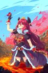  1girl artist_name bangs black_gloves breasts bug butterfly butterfly_on_hand cleavage covered_navel dragalia_lost dragon_tail fang fur_trim gloves hair_between_eyes highres long_hair looking_up molten_rock mym_(dragalia_lost) open_mouth puffy_short_sleeves puffy_sleeves red_hair short_sleeves skin_fang tail thighhighs very_long_hair yellow_eyes yokura_(yukilina) 