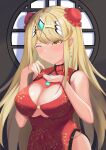  1girl absurdres bangs blonde_hair blush breasts china_dress chinese_clothes cleavage cleavage_cutout closed_mouth clothing_cutout commentary_request covered_navel double_bun dress earrings gokkun hair_bun headpiece highres jewelry large_breasts long_hair mythra_(xenoblade) one_eye_closed red_dress shiratamaaji sidelocks solo standing upper_body v-shaped_eyebrows xenoblade_chronicles_(series) xenoblade_chronicles_2 yellow_eyes 